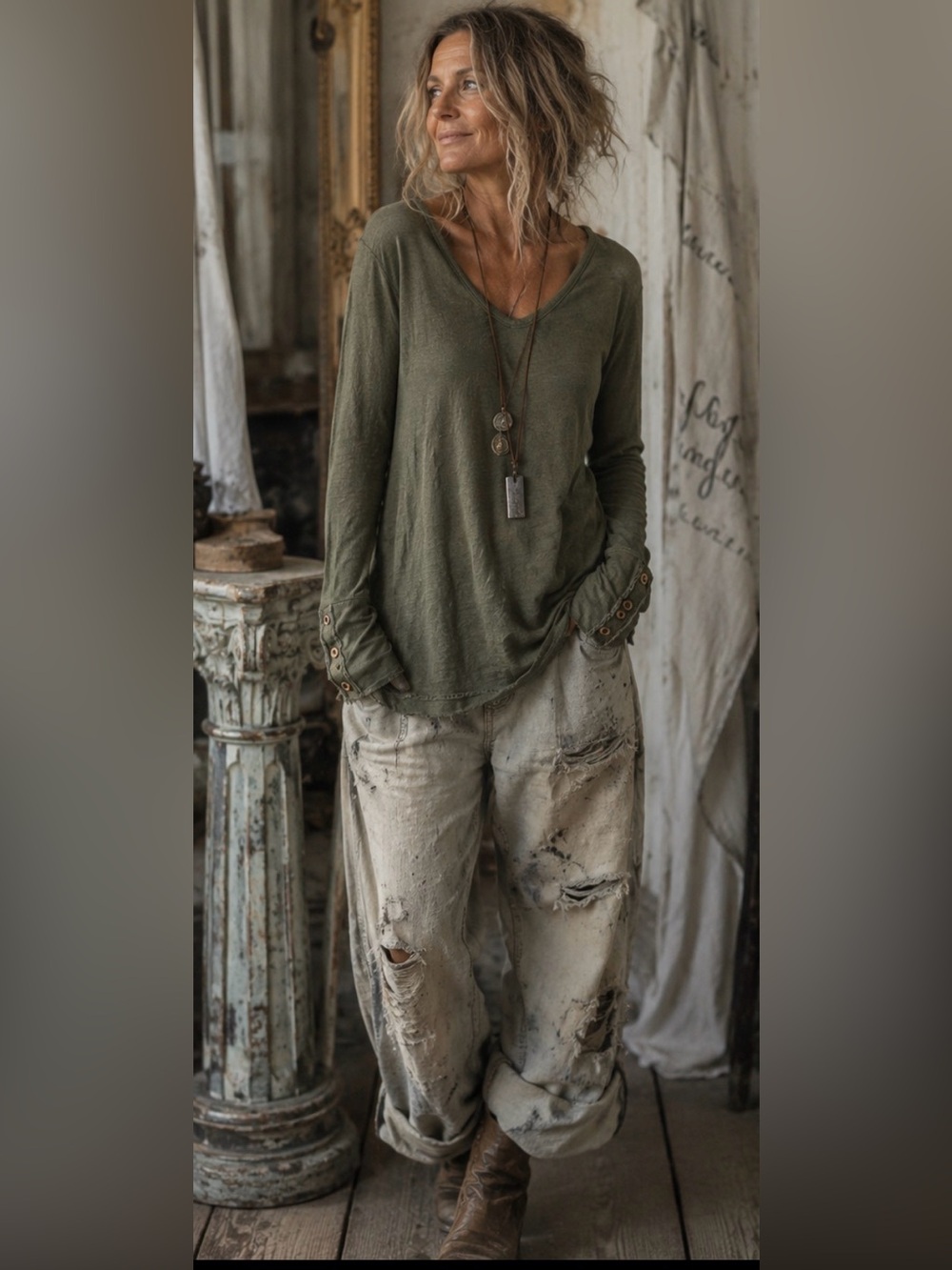 Amerikanable Olive Green Raw Edge Artsy Boho Tunic Top